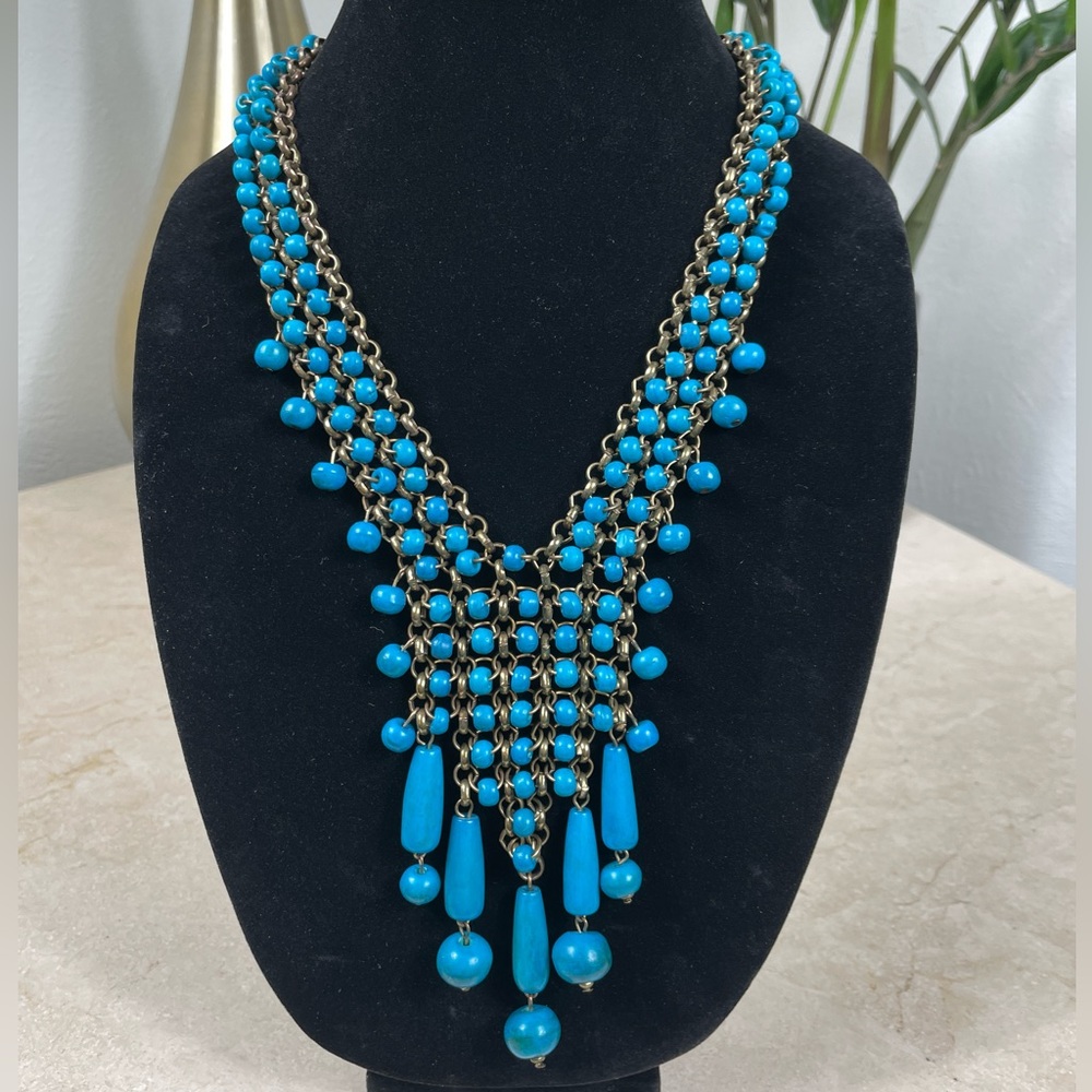 Chainmail and Bead Statement Necklace Blue and Brass Tone Bohemian Hippie